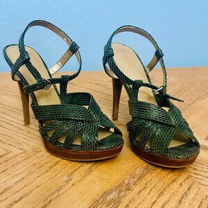 levity Green Snakeskin Platform Heels